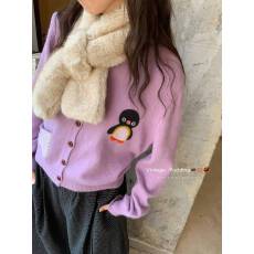 批发复古<b class='q'>可爱</b>风圆领企鹅卡通刺绣开衫毛针织衫女秋冬显瘦减龄