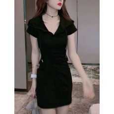 批发连帽卫衣连衣裙女夏季欧货短袖运动<b class='q'>T</b><b class='q'>恤</b>裙polo领收腰褶皱a字包臀裙