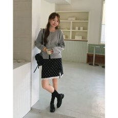 批发档口上新 2026年新款女针织半身裙波点<b class='q'>短裙</b><b class='q'>蕾丝</b>拼接开叉抽绳百搭