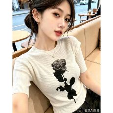 批发档口上新 2026年新款女装圆领短袖针织衫修身显瘦玫瑰花上衣毛衣