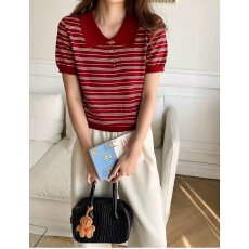 批发档口上新 2026年<b class='q'>夏</b>季新款女装修身短袖针织Polo衫翻领横条纹上衣