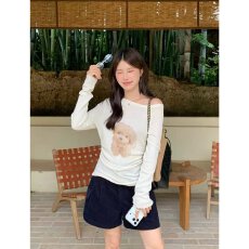 批发档口上新 2026年秋季新款女斜肩露肩修身针织衫小狗印花毛衣上衣