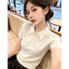 批发档口上新 2026年<b class='q'>夏</b>季新款女士翻领镂空提花短袖针织Polo衫上衣