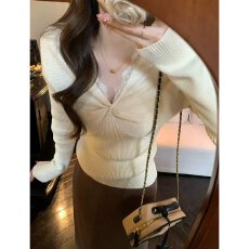 批发档口上新 2026年春秋季<b class='q'>女装</b>V领蕾丝拼接修身长袖针织衫毛衣内搭