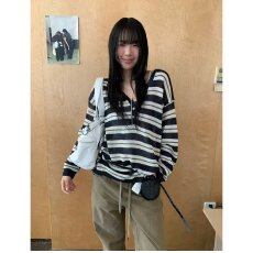 批发档口上新 2026年春秋新款女装V领半开襟条纹针织衫宽松落肩长袖