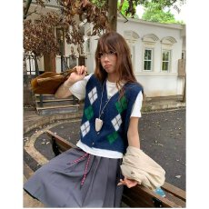 档口上新 2026年春秋新款女装V领菱形格针织马甲无袖叠穿毛衣背心