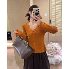 批发档口上新 2026年春秋新款女装V领蕾丝拼接修身针织开衫长袖上衣