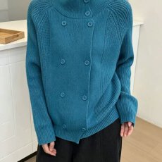 档口上新 2026年秋季新款女装宽松双排扣半高领针织开衫毛衣