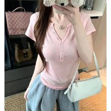 批发档口上新 2026年春夏新款女装短袖针织上衣亨利领修身纯色打底衫