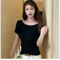 批发档口上新 2026年夏季 女装黑色针织<b class='q'>短袖</b><b class='q'>上衣</b> 圆领蝙蝠袖荷叶边
