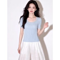 批发档口上新 2026年夏季新款女士短袖针织衫修身圆领镶钻上衣毛衣