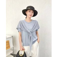 批发档口上新 2026年夏季新款女士圆领短袖针织衫假两件镂空披肩衫