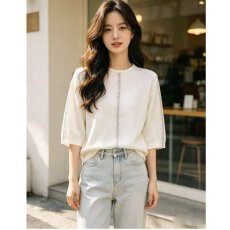 批发档口上新 2026年春季新款女士圆领五分<b class='q'>袖</b>针织衫镂空烫钻<b class='q'>上衣</b>毛衣