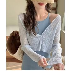 批发档口上新 2026年夏季新款女装V领短款修身针织开衫长袖<b class='q'>防晒衣</b>薄款