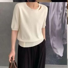 批发档口上新2026年<b class='q'>夏</b>季新款女士宽松落肩圆领镂空针织短袖上衣五分袖