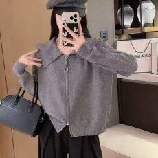 档口上新 2026年春秋女装宽松短款针织开衫大翻领长袖毛衣外套