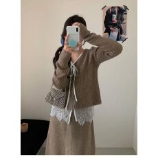 批发档口上新 2026年春秋季女装针织套装V领长袖开衫<b class='q'>蕾丝</b>半身长裙两件