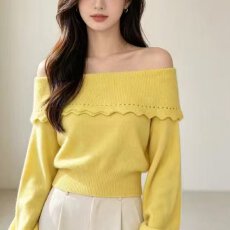 批发档口上新2026年春秋新款女装一字肩<b class='q'>露肩</b>波浪花边针织毛衣修身短款
