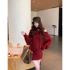 批发档口上新 2026年秋季新款女装宽松<b class='q'>高领</b>镂空露肩针织连衣短裙