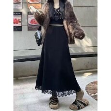 批发档口上新 2026年春秋新款女装高腰A字大摆半身裙蕾丝拼接中<b class='q'>长裙</b>