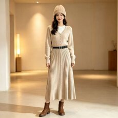 批发档口上新 2026年春秋季女装V领针织开衫百褶<b class='q'>长裙</b>两件套毛衣系列