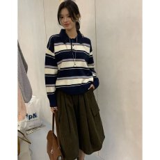 批发档口上新 2026年<b class='q'>夏</b>季新款女装宽松落肩翻领条纹套头毛衣百搭上衣