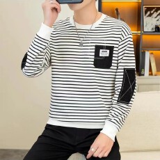 批发<b class='q'>冬</b>季新款圆领百搭休闲男士条纹长袖加绒卫衣时尚潮流宽松舒适