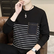 批发条纹圆领卫衣男春秋<b class='q'>冬</b>季新款潮牌宽松百搭男士休闲打底衫