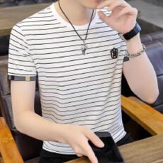 批发2026夏季新款男士日常韩版圆领短袖T恤潮流经典条纹刺绣打底上衣