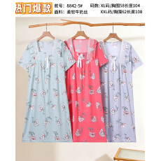 批发详情页多款印花-奶牛丝短袖睡裙女士睡衣家居服-供打包按捆拿货