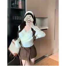 批发档口上新 2026年春秋新款女装V领蕾丝拼接<b class='q'>针织衫</b>修身短款长袖<b class='q'>毛衣</b>