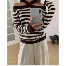 批发档口上新 2026年春季女装挂脖露肩条纹<b class='q'>针织衫</b>修身短款套头<b class='q'>毛衣</b>