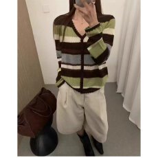 批发档口上新 2026年春秋新款<b class='q'>女</b>装V领撞色条纹针织<b class='q'>开衫</b>宽松长袖<b class='q'>毛衣</b>