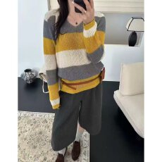 批发档口上新 2026年早秋新款女装宽松V领条纹针织套头衫<b class='q'>毛衣</b>长袖上衣