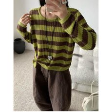 批发档口上新 2026年秋季女装宽松落肩圆领条纹针织套头衫<b class='q'>毛衣</b>百搭