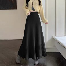 批发档口上新 2026年春秋季女装高腰A字针织拼接百褶中长半身裙显瘦