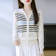 批发档口上新 2026年秋季新款女装翻领条纹针织开衫修身<b class='q'>长袖</b>毛衣<b class='q'>外套</b>