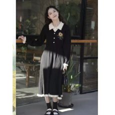 批发档口上新 2026年春秋新款女装黑色针织<b class='q'>连衣裙</b>长袖修身收腰百褶裙