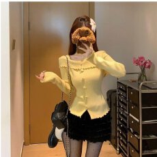 批发档口上新 2026春秋新款女装波浪花边修身针织开衫长袖毛衣外套