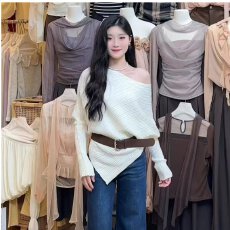 批发档口上新 2026春秋季女装宽松落肩斜领露肩长袖针织衫毛衣不规则