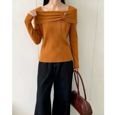 批发档口上新 2026年春秋季女士修身收腰<b class='q'>一字领</b>露肩长袖针织衫毛衣