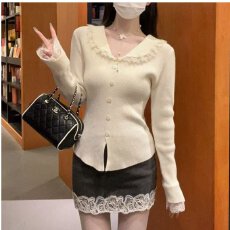 批发档口上新 2026春秋新款女装针织开衫蕾丝拼接长袖<b class='q'>修身</b>毛衣<b class='q'>外套</b>