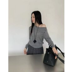 批发档口上新 2026春秋季女装宽松落肩斜领镂空针织衫长袖套头毛衣