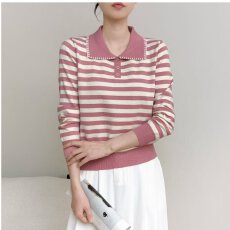 批发档口上新 2026春秋季女装翻领撞色<b class='q'>条纹</b>针织套头衫长袖毛衣上衣