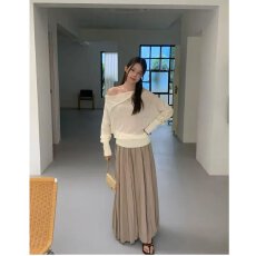 批发档口上新 春秋季女装宽松落肩斜肩<b class='q'>一字领</b>露肩针织衫套头毛衣