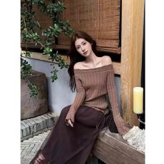 批发档口上新 2026年春秋季女士<b class='q'>一字肩</b>蕾丝拼接针织衫修身长袖毛衣