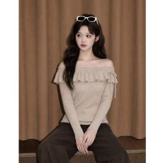 批发档口上新春秋季<b class='q'>一字肩</b>荷叶边针织衫女修身显瘦长袖套头毛衣上衣