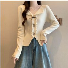 批发档口上新 2026春秋新款女装V领木耳边<b class='q'>修身</b>针织开衫长袖毛衣<b class='q'>外套</b>