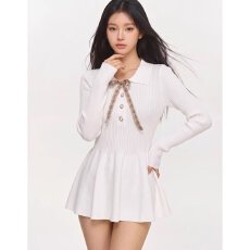 批发档口上新2026年春秋新款女装针织<b class='q'>连衣裙</b>翻领蝴蝶结修身显瘦短裙