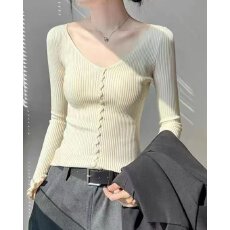 批发档口上新 2026年春秋新款女装V领修身针织开衫长袖<b class='q'>荷叶边</b><b class='q'>毛衣</b>